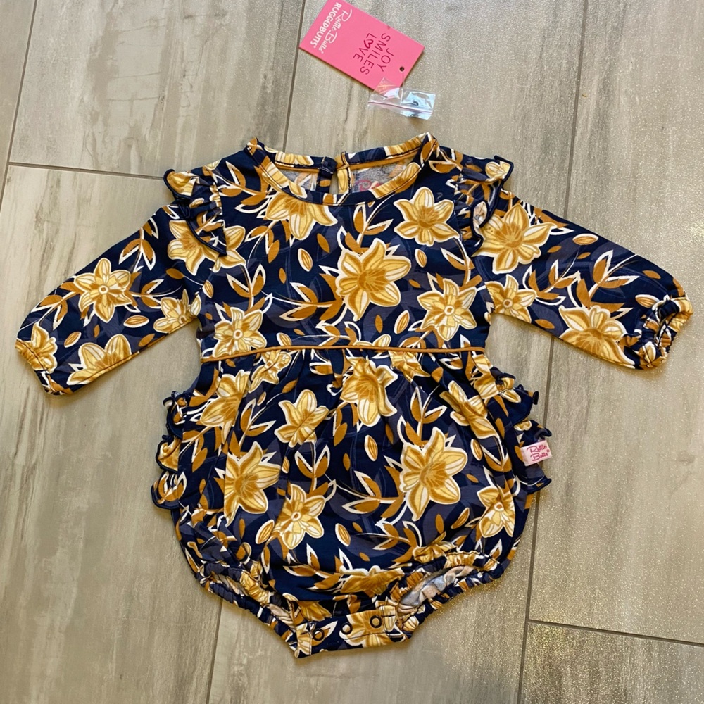 NWT RuffleButts Navy Blue Fields of Gold Flutter Bubble Romper, girls 3-6M